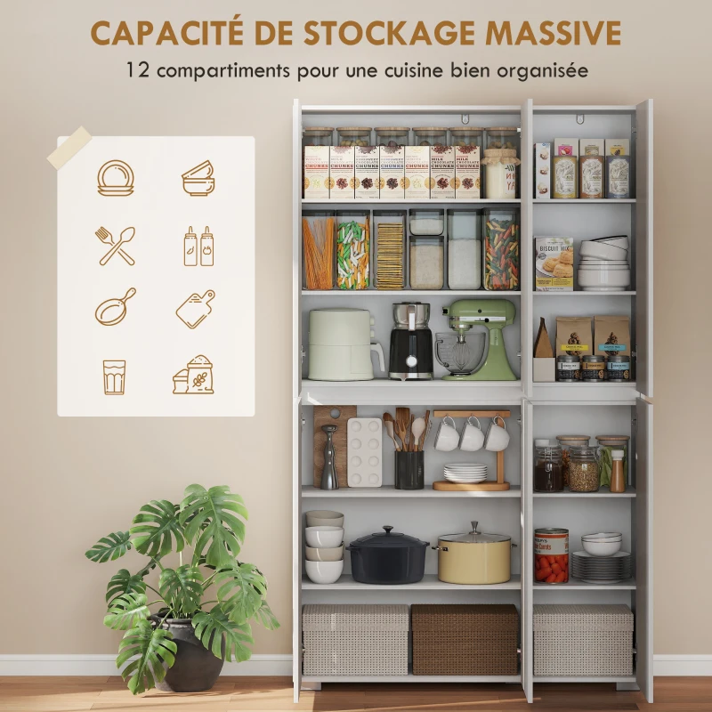 HOMCOM Buffet haut cuisine armoire de cuisine à haute brillance 6 portes à fermeture douce étagères réglables blanc