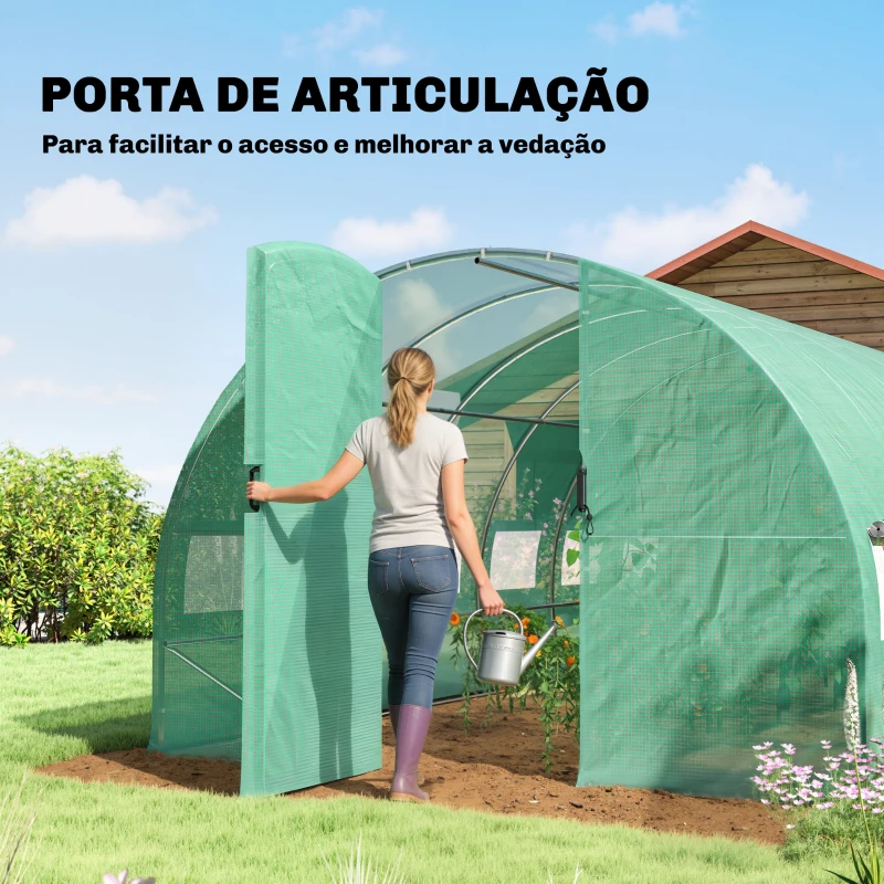 Outsunny Estufa Túnel 6x3x2 m com Porta com Dobradiças 12 Janelas com Rede e Estrutura de Aço Galvanizado Verde