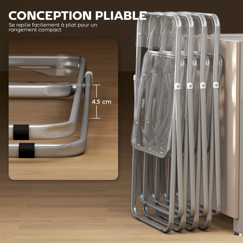 HOMCOM Lot de 4 chaises pliantes en acrylique et acier, chaises pliantes portables pour maison, salle à manger, transparentes