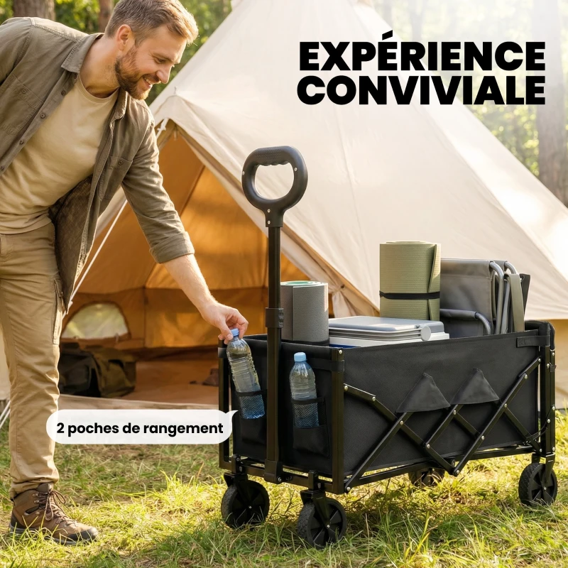 Outsunny Chariot de Transport Pliable 60L, Porte Arrière Rabattable, Roues Amovibles, Poignée Réglable, 71x45x86cm, Noir