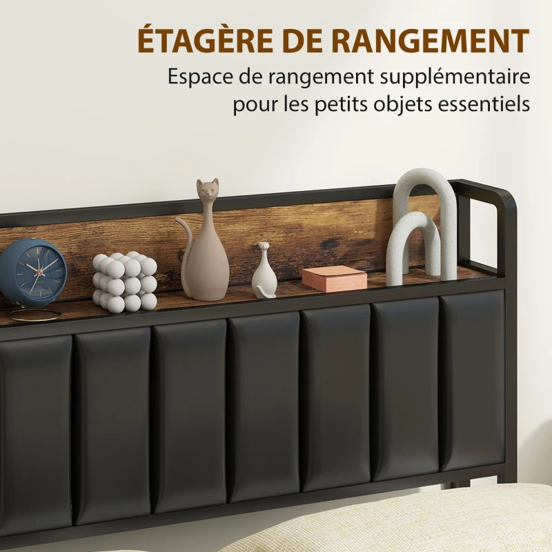 HOMCOM Cadre de lit 140 x 190 cm avec sommier à lattes en métal, lit double rembourré avec 4 tiroirs et étagère, noir