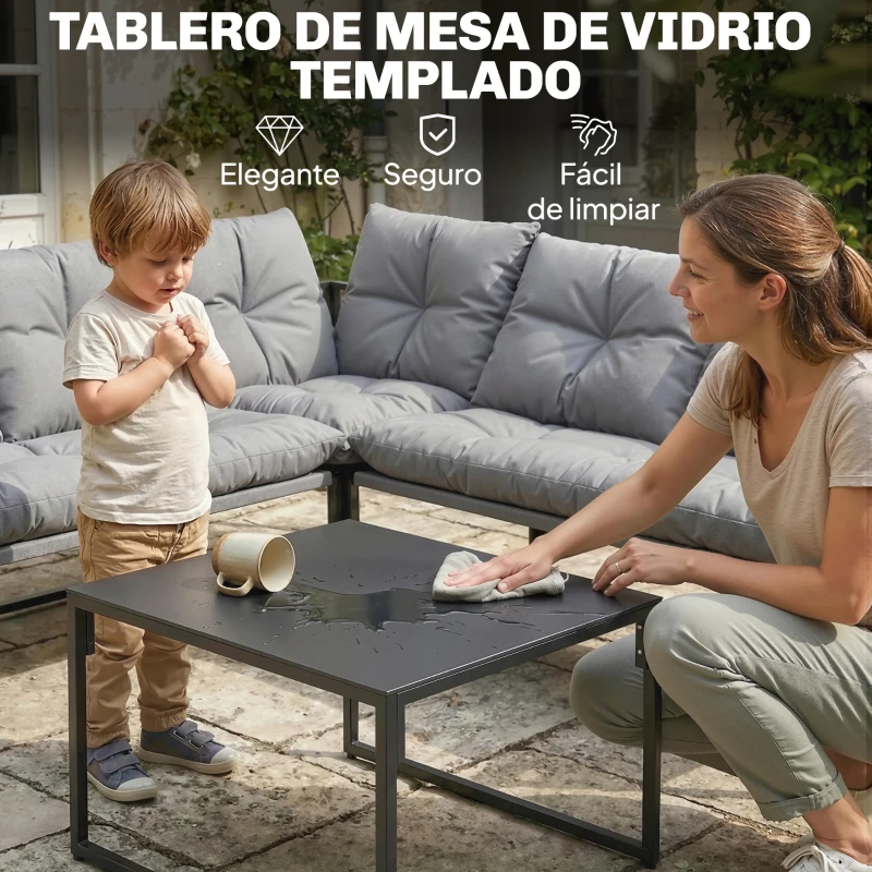 Outsunny Conjunto de Jardín Exterior con Cojines Gruesos 2 Sofás de 2 Plazas Sofá de Esquina y Mesa de Centro de Vidrio Gris