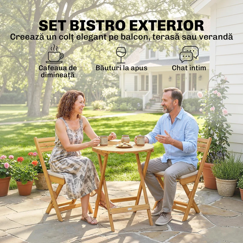 Outsunny masă și scaune pentru balcon, masă și scaune pentru exterior, set masă și scaune balcon, set bistro, set balcon pliabil lemn masă și scaune