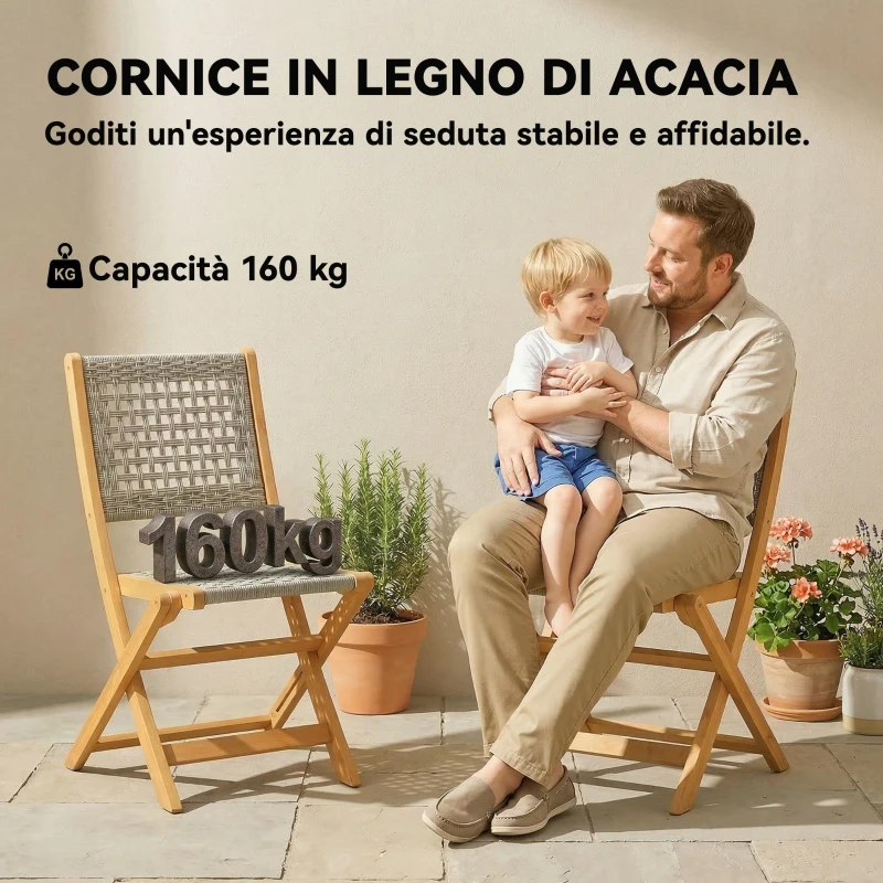 Outsunny Set di 2 Sedie Pieghevoli da Giardino in Rattan PE e Legno di Acacia, Supporto fino a 160 kg, Grigio