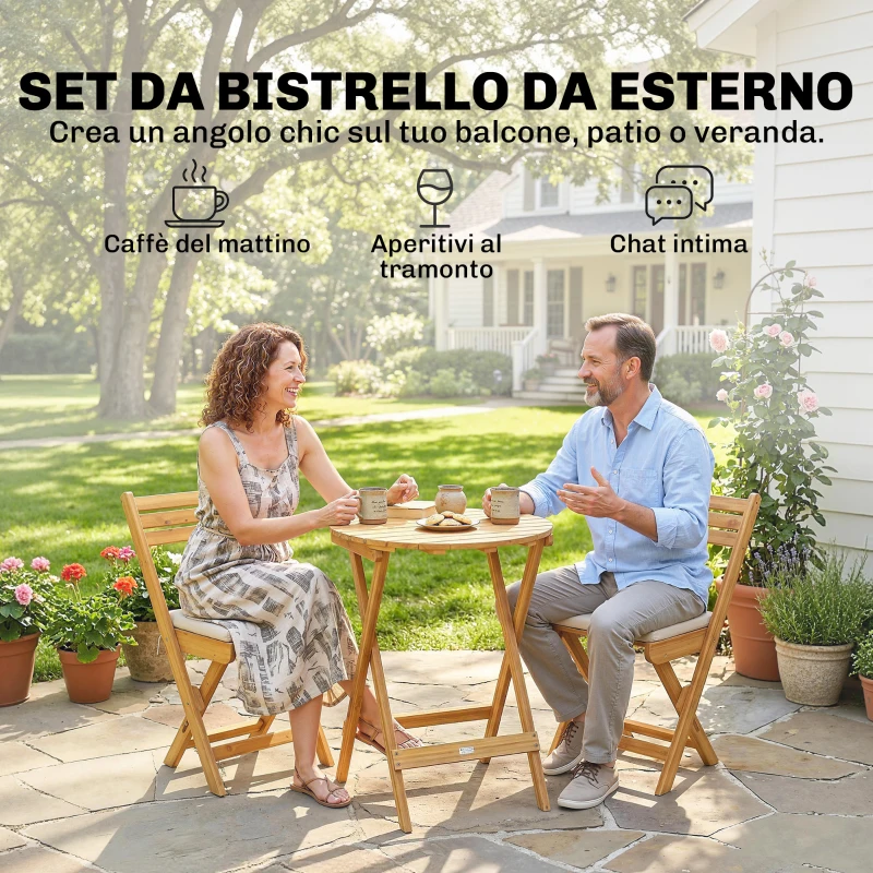 Outsunny Set Bistrò Esterno: 2 sedie pieghevoli e tavolo rotondo, legno naturale.
