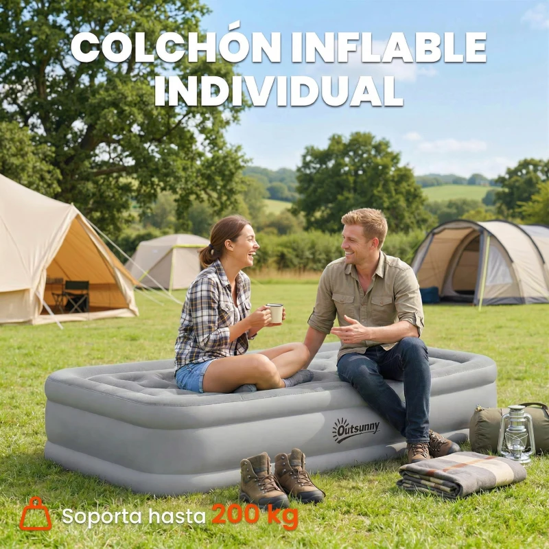 Outsunny Colchón Hinchable Individual Plegable con Bomba Inflado 3 Min Desinflado 2 Min Bolsa Carga 200 kg 190x97x39 cm Gris