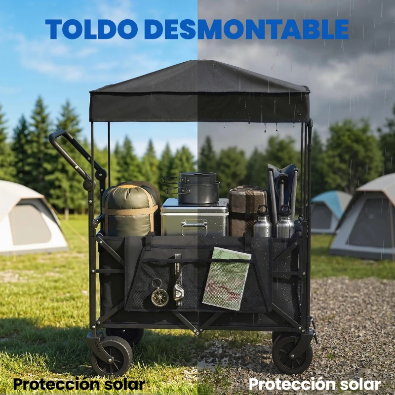 Outsunny Carro de Jardín Plegable con Ruedas Grandes Bloqueables Barra Ajustable Portavasos para Campaña 125x59x133 cm Negro