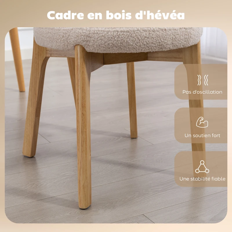 HOMCOM Lot de 2 chaises de salle à manger, chaises de cuisine rembourrées, pieds en bois d'hévéa, 46,5 x 52 x 80 cm, crème