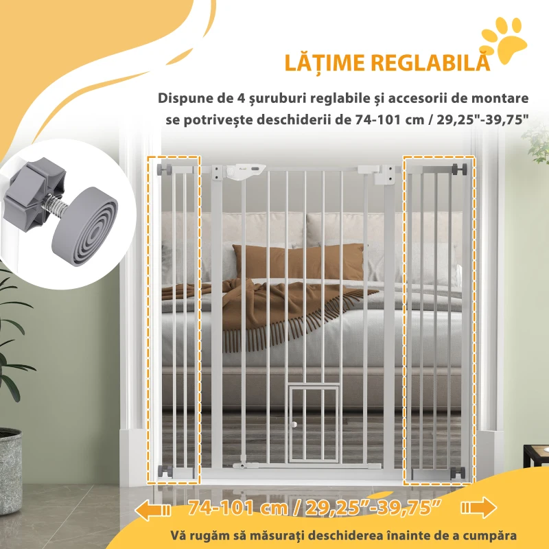 PawHut Cancellino per Cani Regolabile Alto con Porta Piccola e Chiusura Automatica, 74-101x104cm, Bianco