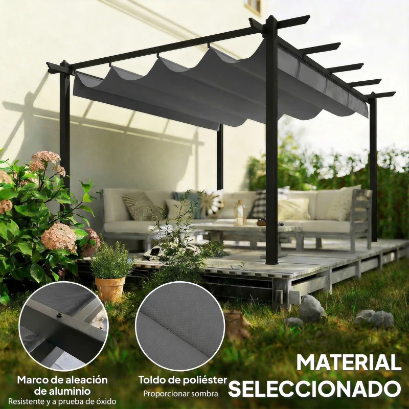 Outsunny Pérgola de Jardín 4x3 m con Techo Retráctil Estructura de Aluminio UPF30+ Orificios de Drenaje Pabellón Exterior Gris