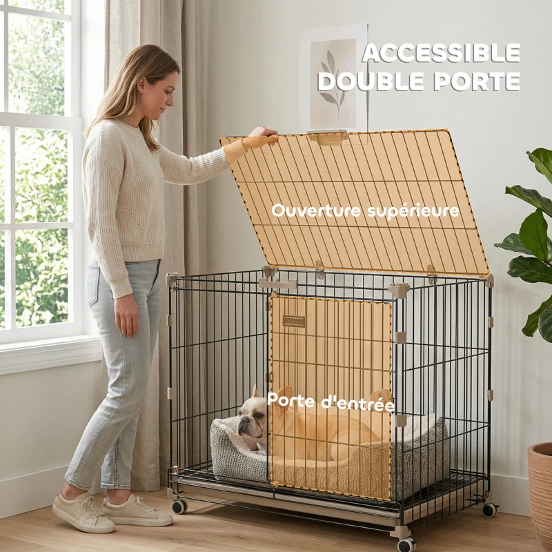 PawHut Cage pour Chien Pliable, Plateau Amovible, Roues avec Freins, Toit Ouvrant, Porte de Nourrissage, 75,5x46x64,5cm, Noir