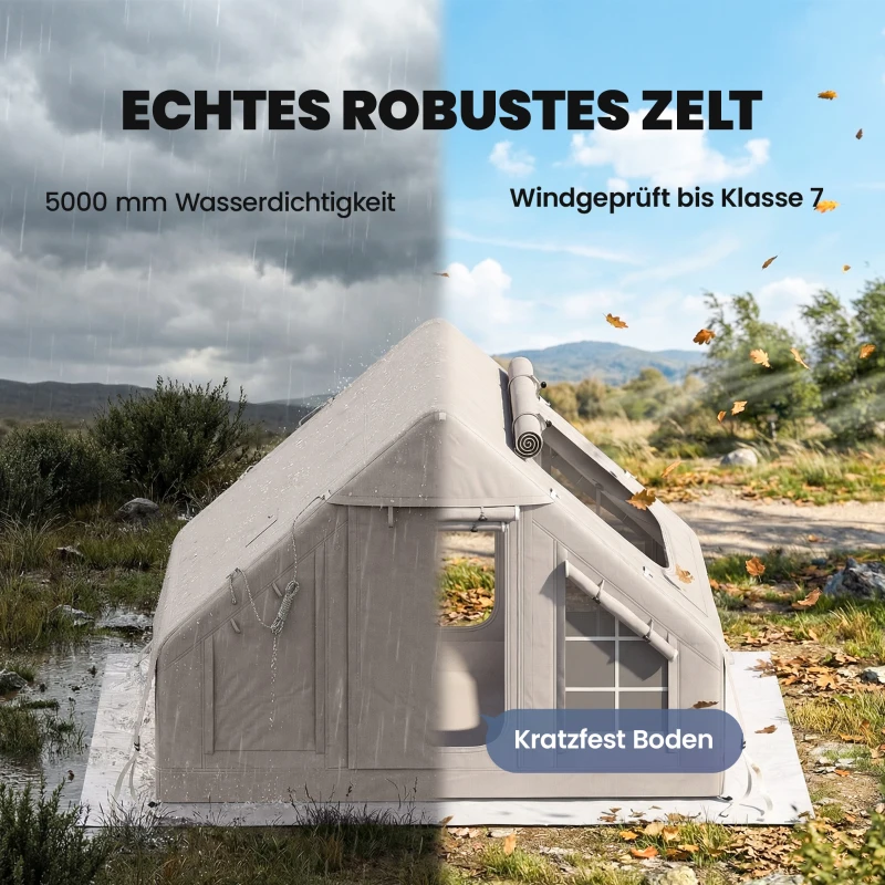 Outsunny Aufblasbares Zelt 5-8 Personen Schneller Aufbau 5000 mm Wasserdicht & Winddicht mit Luftpumpe Kaminöffnung Dachfenster