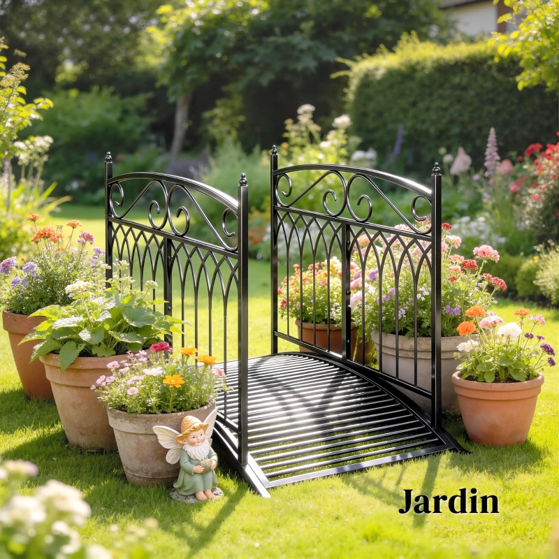 Outsunny Pont de Jardin en Métal Style Baroque Passerelle Décorative avec Garde-Corps 91cm et Charge 100kg Noir