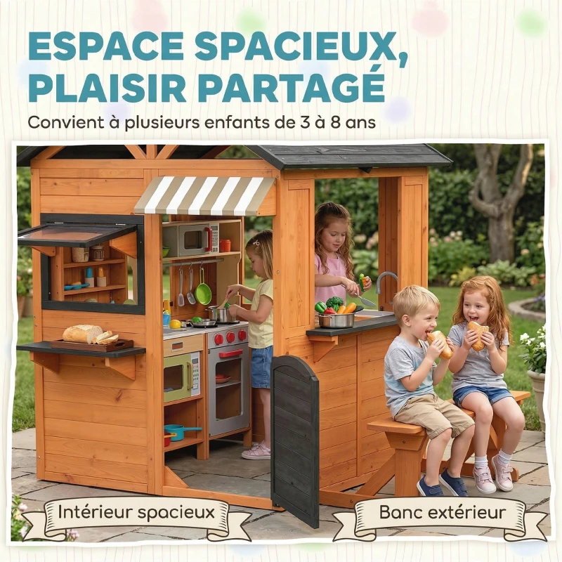 AIYAPLAY Cabane enfant extérieur en bois, maison enfant extérieur/intérieur avec cuisine de jeu, fenêtres, porte et banc, marron