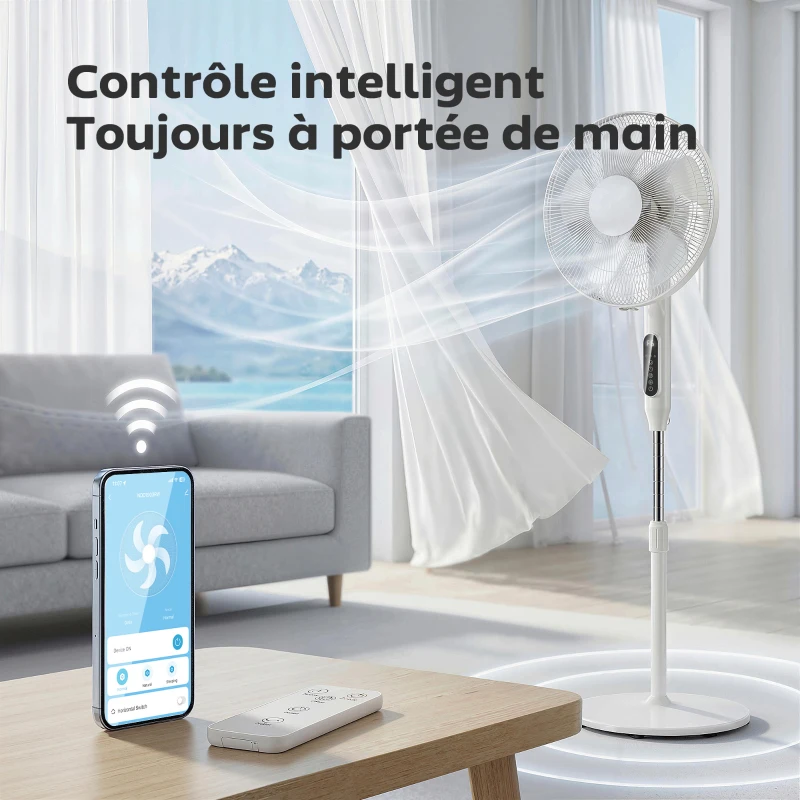 HOMCOM Ventilateur sur pied contrôlé par APP, ventilateur 45 cm avec télécommande, 3 vitesses, 3 modes, hauteur réglable, blanc