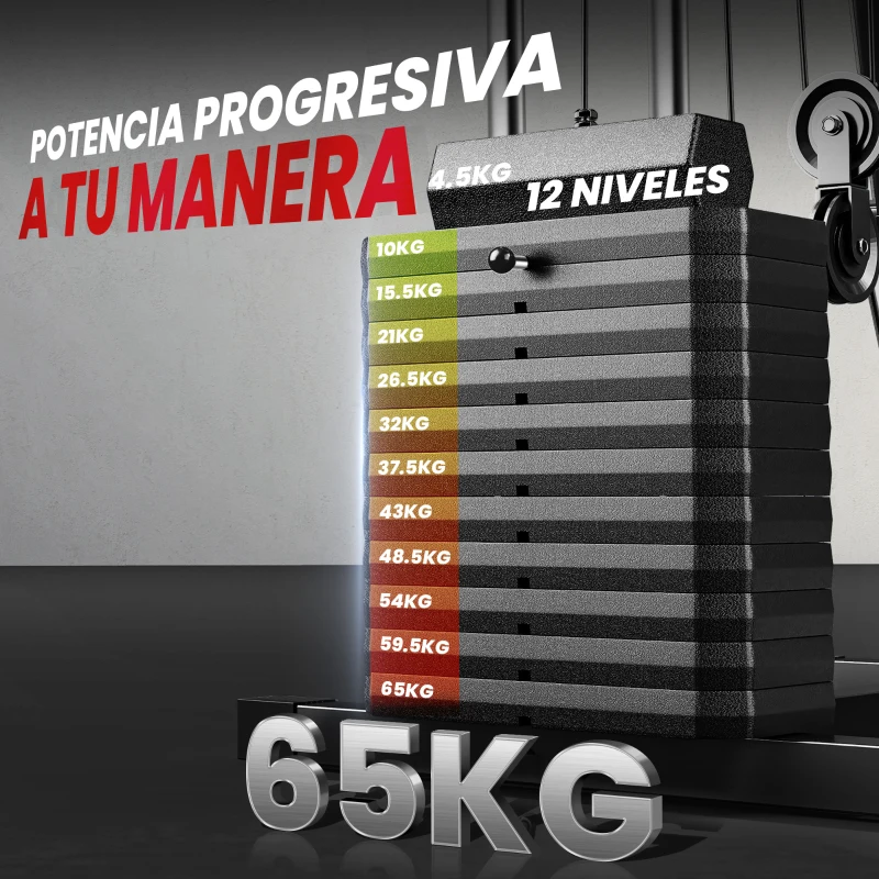 HOMCOM Máquina de Musculación con Pesas Ajustables de 65 kg Prensa de Pecho y Piernas Polea 135x103x210 cm Negro