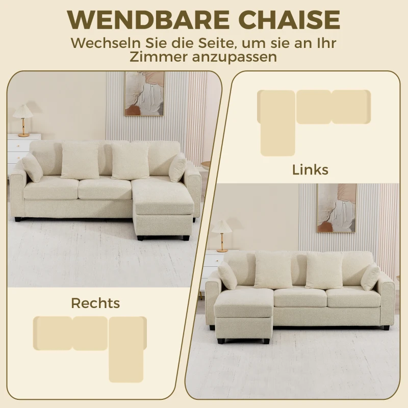 HOMCOM Ecksofa mit umkehrbarer Chaiselongue, 3-Sitzer Sofa mit Samtoptik, breite und tiefe Sitzfläche, Federkissen, Beige