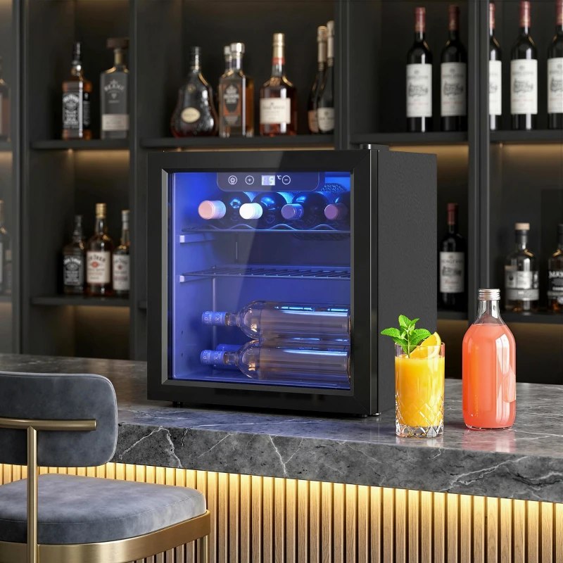 HOMCOM Vinoteca 12 Garrafas Frigorífico para Vinhos com Capacidade de 36 L Temperatura Ajustável 4-16℃ Porta de Vidro Luz LED Preto