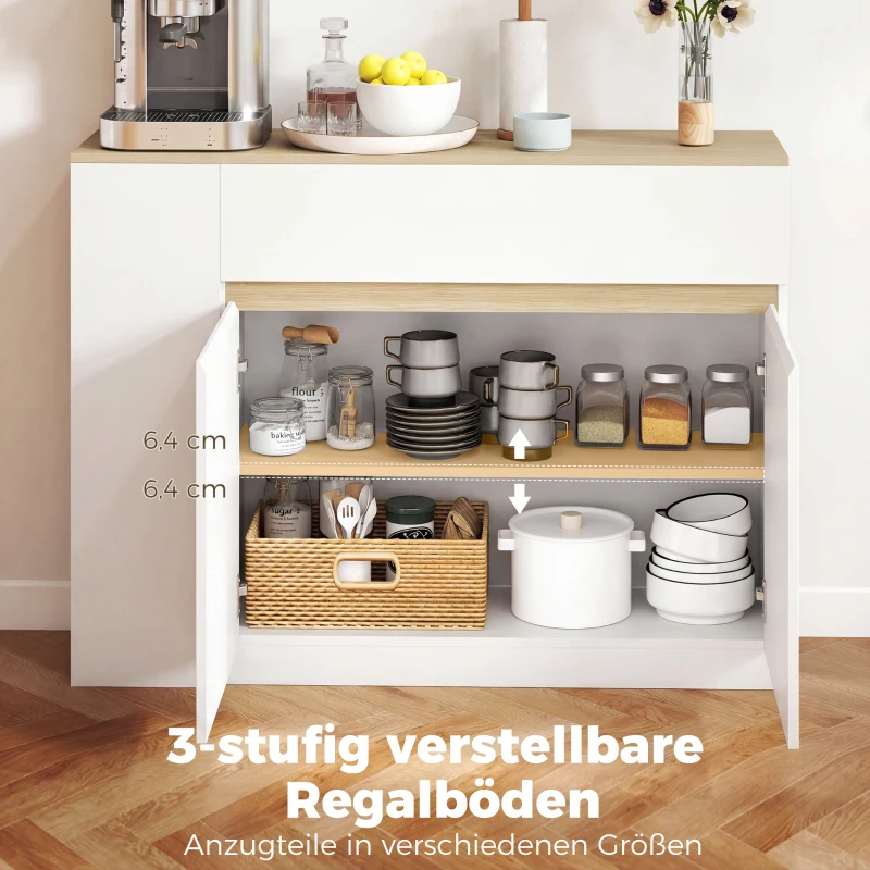 HOMCOM Sideboard, Buffet, großes Schrankfach, 3-stufiges Regal, Schublade, weiß, 110 x 29,5 x 82cm
