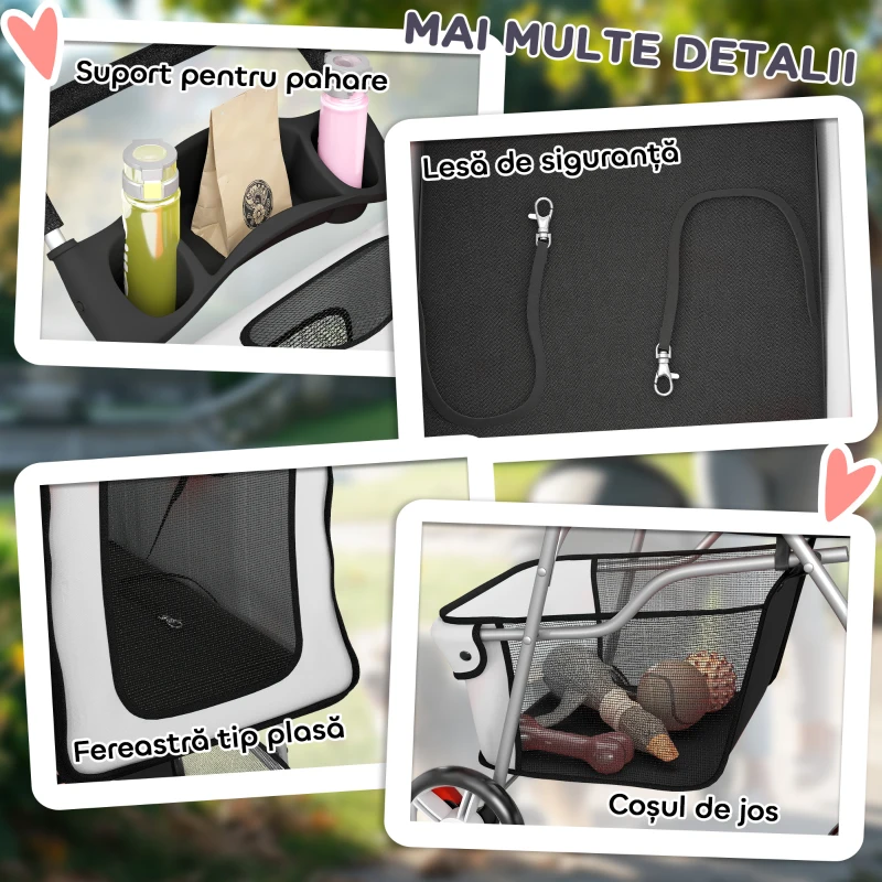 PawHut Cărucior pentru Câini Pliabil cu Benzi Reflectorizante, Roți Pivotante, Frâne și Pernă Lavabilă, Gri