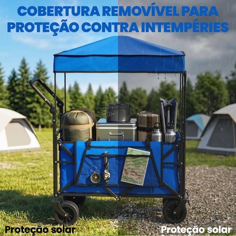 Outsunny Carrinho de Transporte com Rodas Grandes Travão Teto Amovível Carro Dobrável para Jardim com Barra Ajustável 125x59x133 cm Azul