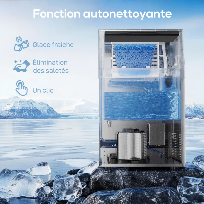 HOMCOM Machine à glaçons commerciale 36 kg/24h, acier inoxydable, ice maker, capacité 7,5 kg, 36 cubes par 10 minutes,