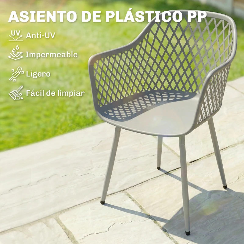 Outsunny Juego de 4 Sillas de Jardín Exterior de PP con Respaldo Diamante Asiento Anti-UV Reposabrazos y Patas Metálicas Gris