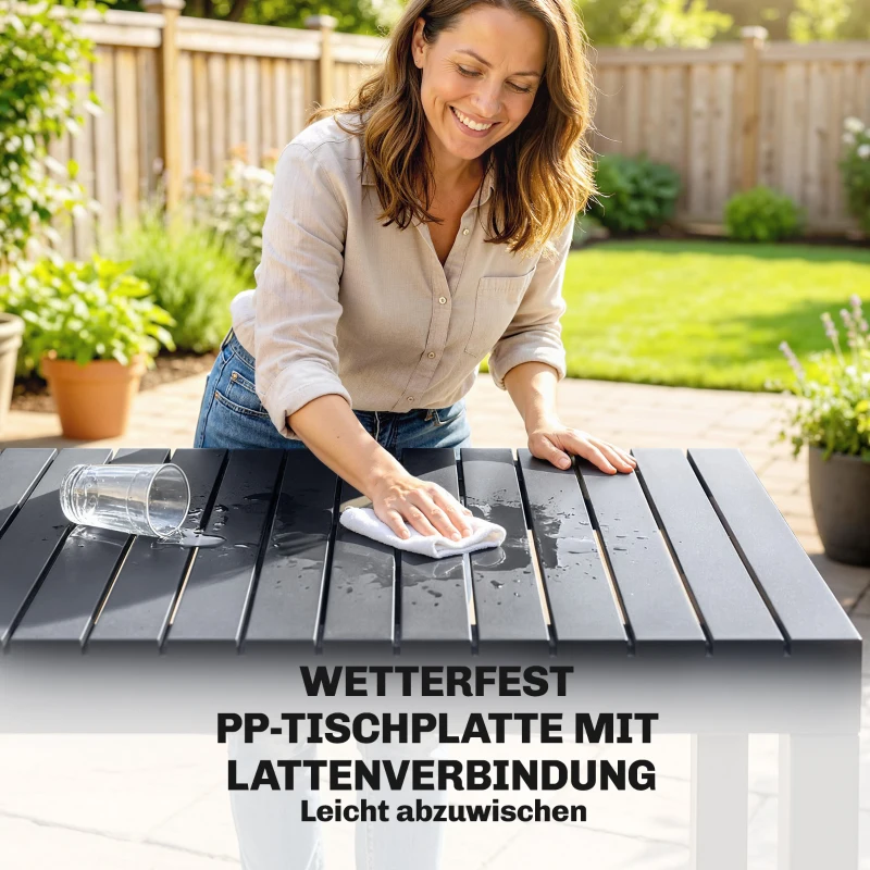Outsunny Gartenmöbel Set Sitzgruppe 5-teilig Breiter Tisch mit 4 Stapelstühlen Lamelldesign für 4 Personen Dunkelgrau