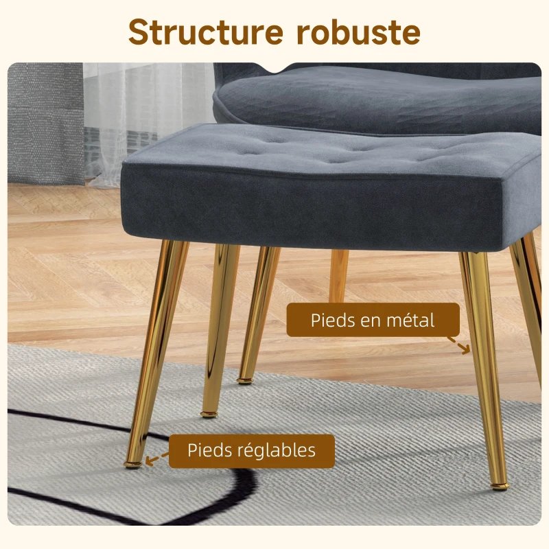 HOMCOM Fauteuil avec repose-pied, fauteuil salon capitonné avec dossier haut, pieds en acier doré et tissu velours, gris foncé