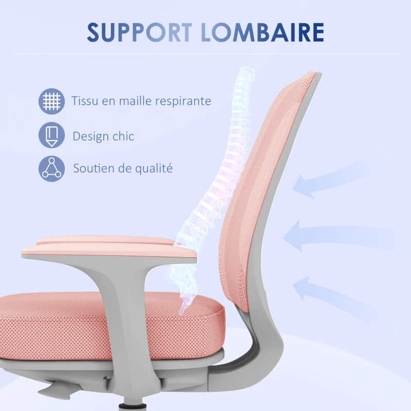 Vinsetto Fauteuil de bureau, chaise de bureau ergonomique en maille, hauteur réglable, 55x48x82,5-94,5cm, rose