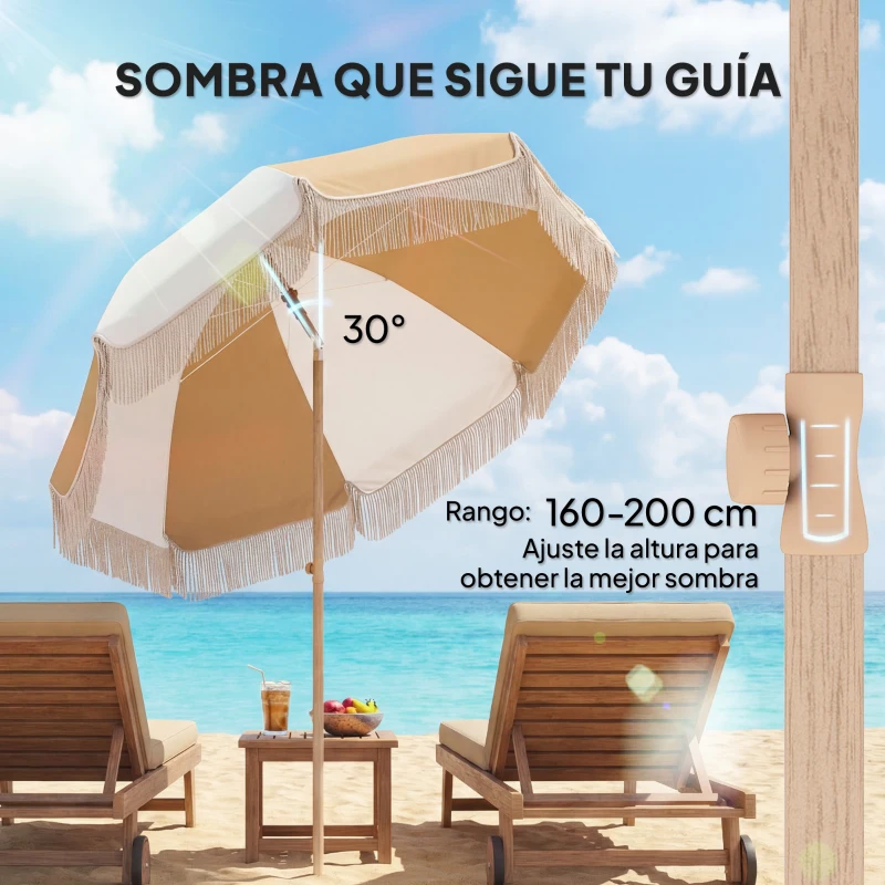 Outsunny Sombrilla de Playa con Flecos Ø175 cm Sombrilla de Terraza Exterior con Altura Ajustable Inclinación 30° Blanco y Beige