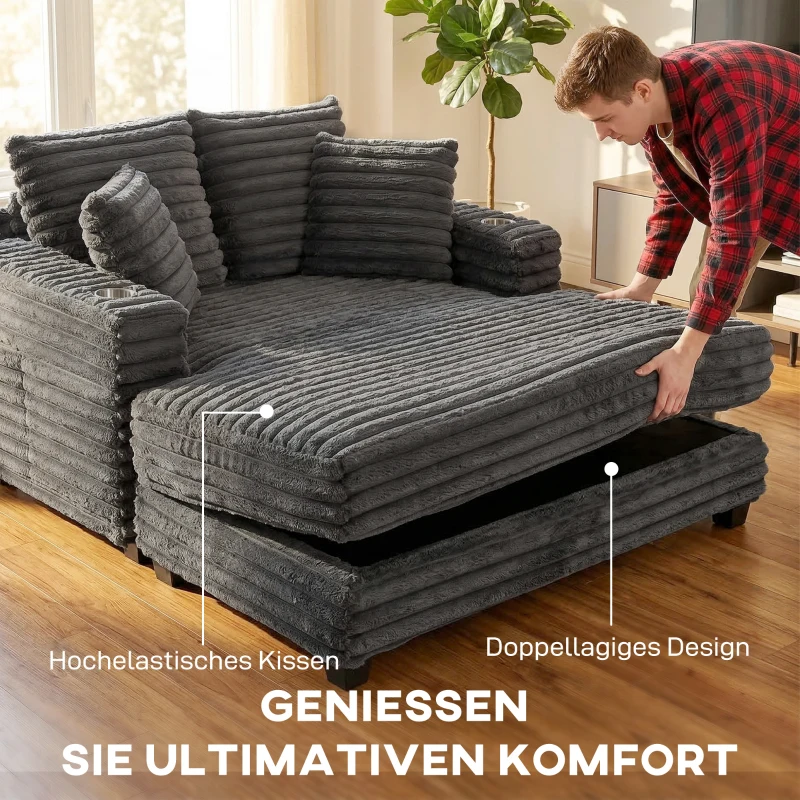 HOMCOM Chaiselongue 2 Sitzer Groß Schlafsofa 134 x 151 cm mit Becherhalter für Wohnzimmer, Grau