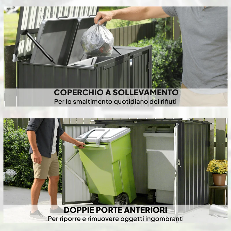 Outsunny Casetta Copri Bidoni da Esterno in Acciaio con 2 Porte Bloccabili e Tetto Apribile, Grigio