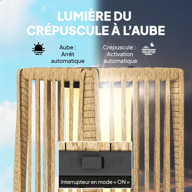 Outsunny Lanterne Solaire Extérieure en résine tressée lampadaire sans fil rechargeable  capteur de lumière 19 x 19 x 68 cm sable