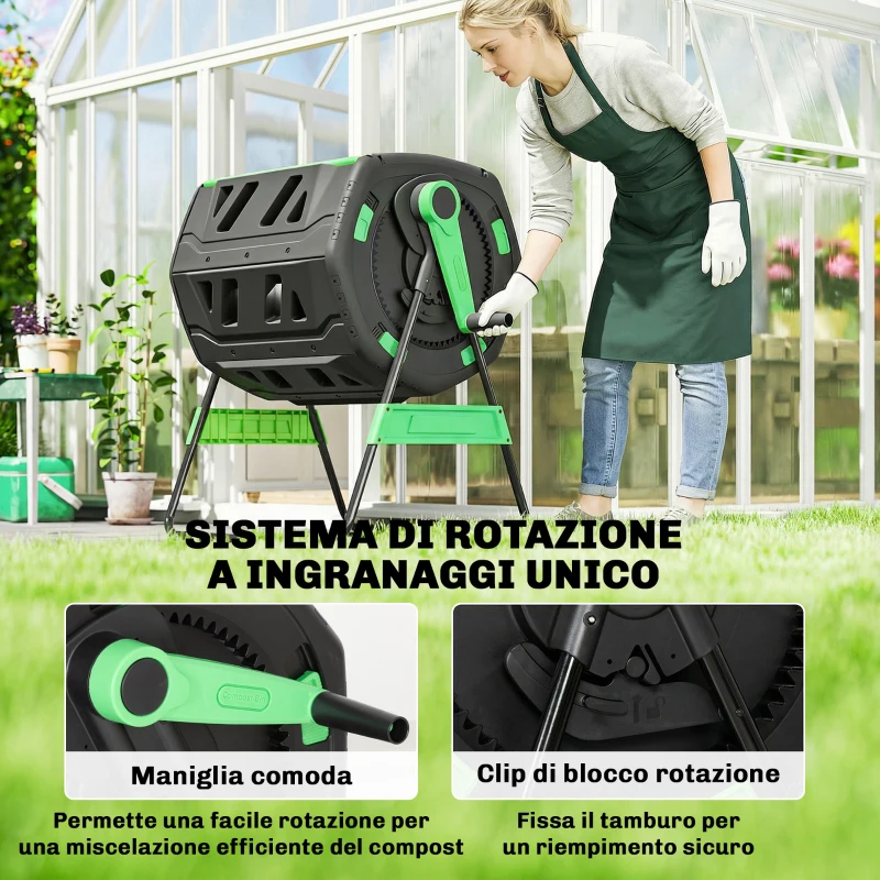 Outsunny Compostiera Domestica 200L a Doppia Camera con 8 Prese D'Aria, in PP e Metallo, 94x67x98 cm, Verde e Nero