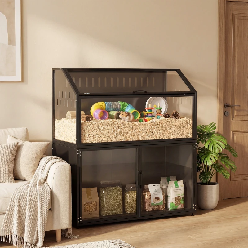 PawHut Cage Hamster 2-en-1 avec Armoire de Rangement pour Rongeur Hamster Syrien et Souris Acier et Acrylique Noir