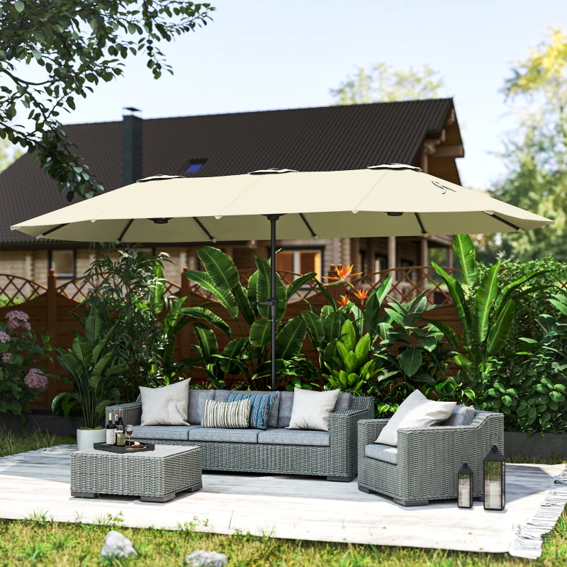 Outsunny Parasol de jardin extérieur, parasol double rectangulaire 4 x 2,2 x 2,3 m avec ouverture fermeture manivelle crème