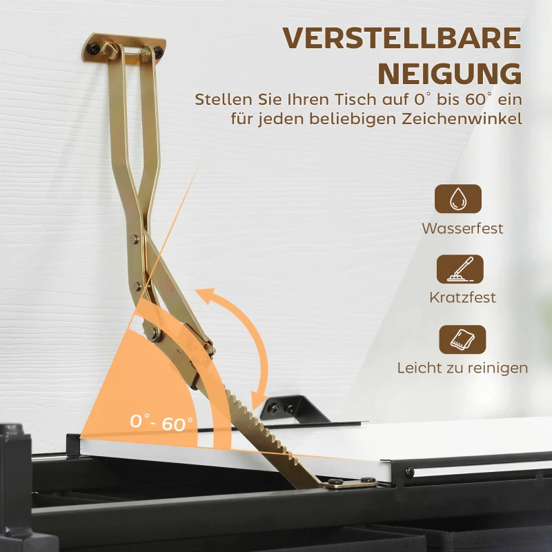 HOMCOM In hoogte verstelbare tekentafel, werktafel met kruk en lades, Wit