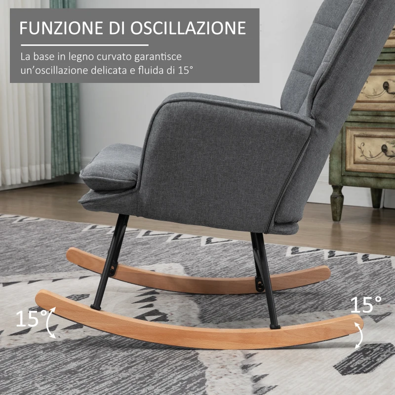 HOMCOM Sedia a Dondolo con Pouf in Tessuto Effetto Lino e Legno con Cuscino, Braccioli, Capacità 130 kg, Grigio