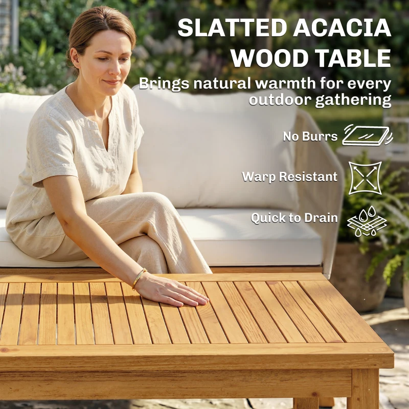 Outsunny Tuinmeubelset 4-delig polyrattan loungeset met tweezitter, 2 stoelen, acaciahouten lamellentafel, dikke wasbare kussens