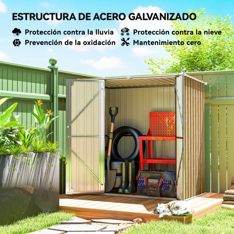 Outsunny Cobertizo de Jardín Exterior Metálico 1,37 m² 163x89x163 cm con Techo Inclinado, Puertas con Pestillo y Guantes Marrón