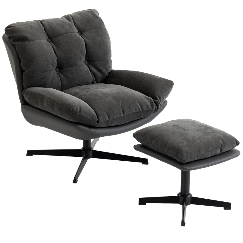 HOMCOM Accent Chair with Footstool, Swivel Lounge Chair with Chenille Upholstery, Metal Base, Dark Grey