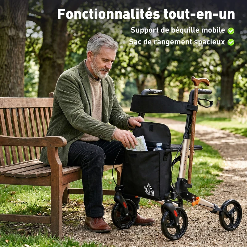 HOMCOM Déambulateur 4 Roues Pliable en Aluminium, Hauteur Réglable 6 Positions, Freins Doubles, Rangement, 64x67x92cm, Doré