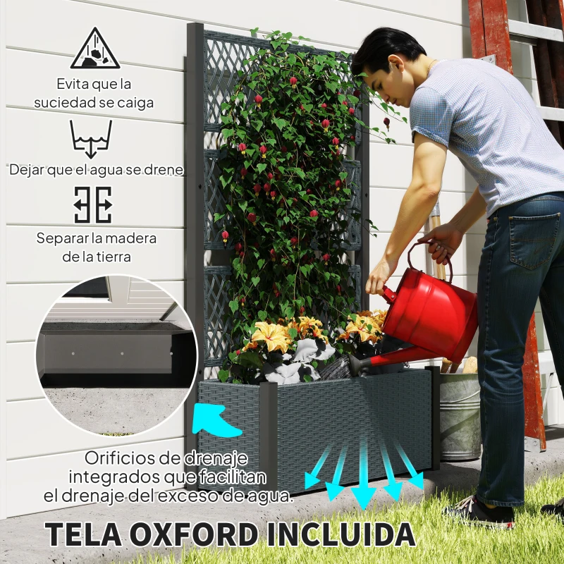 Outsunny Jardinera con Enrejado de Ratán Jardinera Exterior Grande para Plantas Trepadoras Maceta con Forro Gris Oscuro