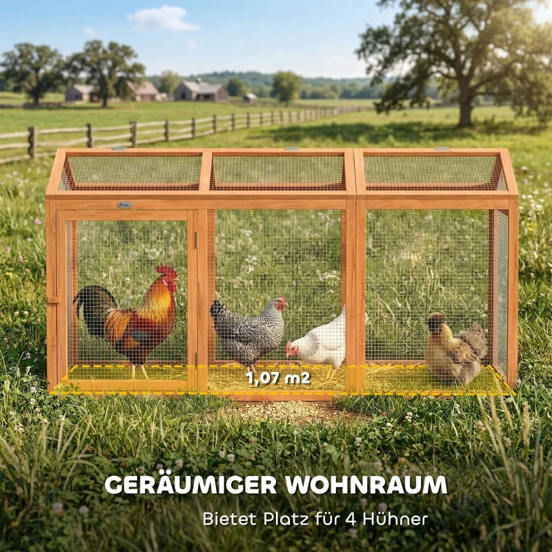 PawHut Hühnerstall Freilaufgehege mit Sitzstange Doppeltüren, aus Holz und Metall, für 4 Hühner, 156 x 70,5 x 84 cm Orange