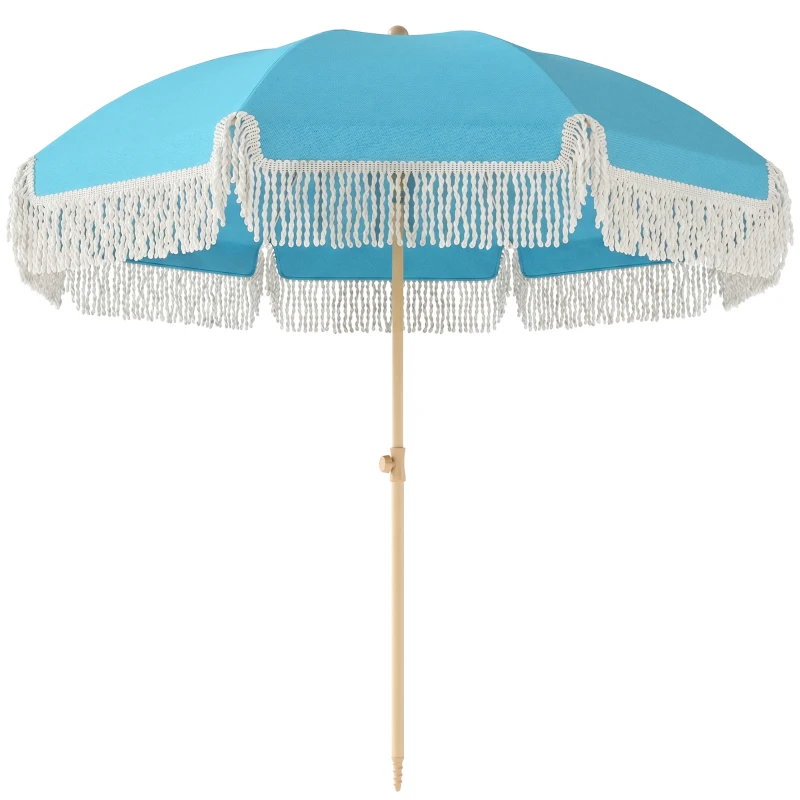 Outsunny 1.7 m Beach Umbrella with Sand Anchor, 30° Tilting Fringed Beach Garden Parasol with Adjustable Height, Grey