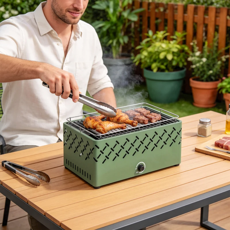 Outsunny Barbacoa de Carbón 45,5x29x21 cm con Ventilador Integrado Temperatura Ajustable y Bandeja de Carbón Verde Claro