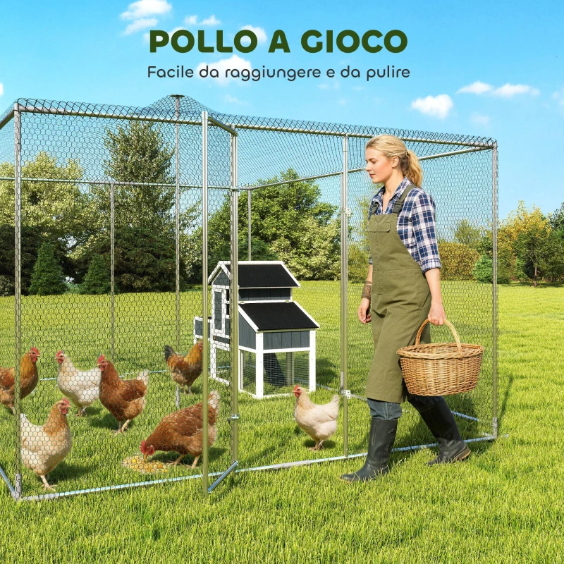 PawHut Pollaio per Galline da Esterno con Tetto e Serrature, in Acciaio Zincato, 4x3x2 m, Argento