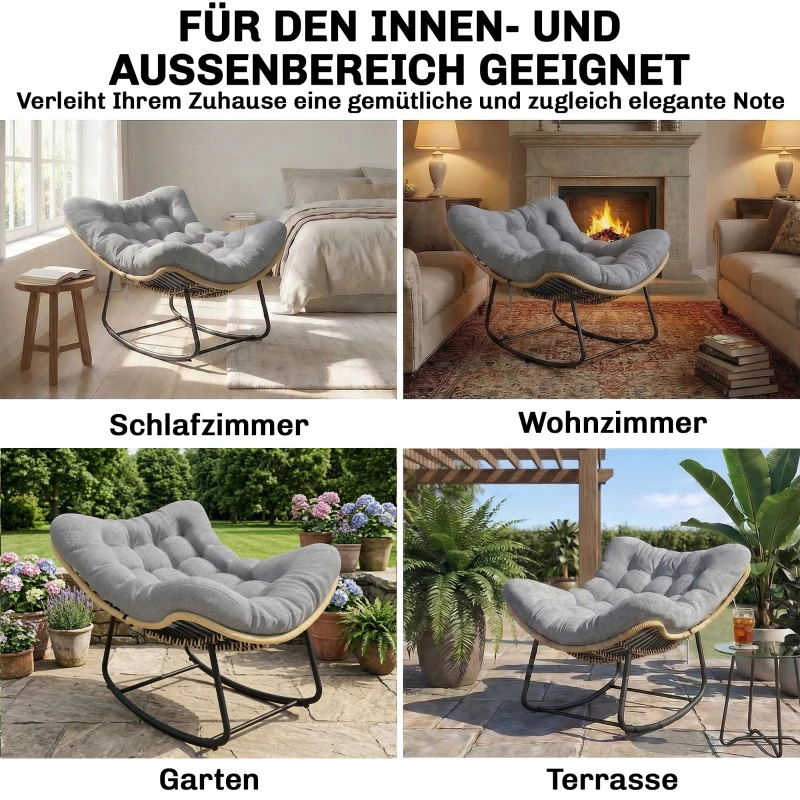 Outsunny Rattan Schaukelstuhl Gartenliege mit dicke Kissen, Gartenschaukel bis 120 kg Indoor Outdoor 87 x 110 x 70 cm Grau