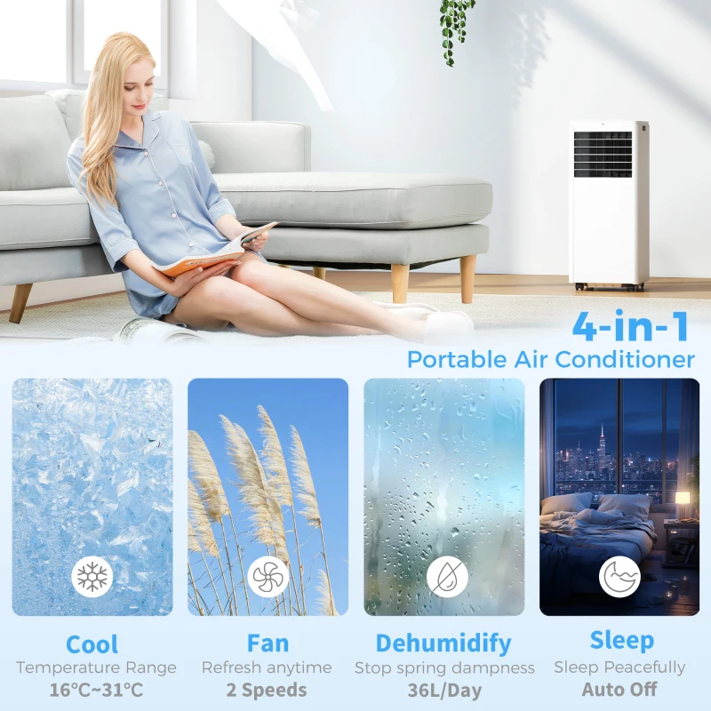 HOMCOM Przenośny klimatyzator 7000 BTU, 4-w-1 z funkcją chłodzenia, osuszania, wentylacji i trybem nocnym
